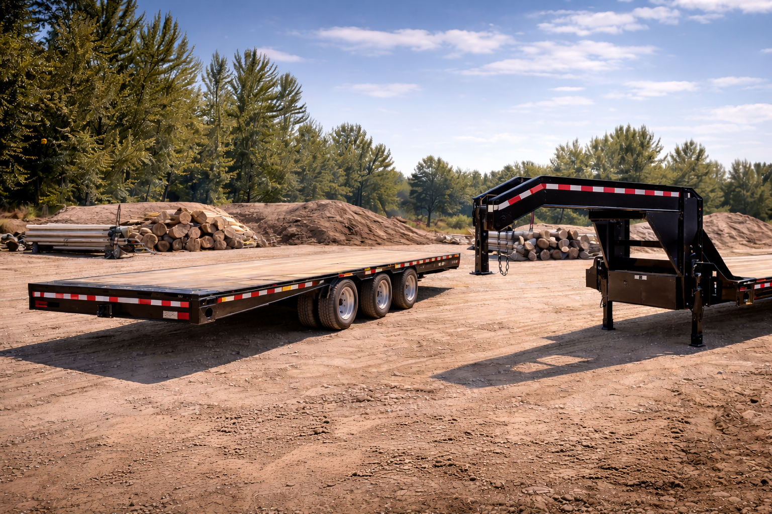 A flatbed trailer and a gooseneck trailer