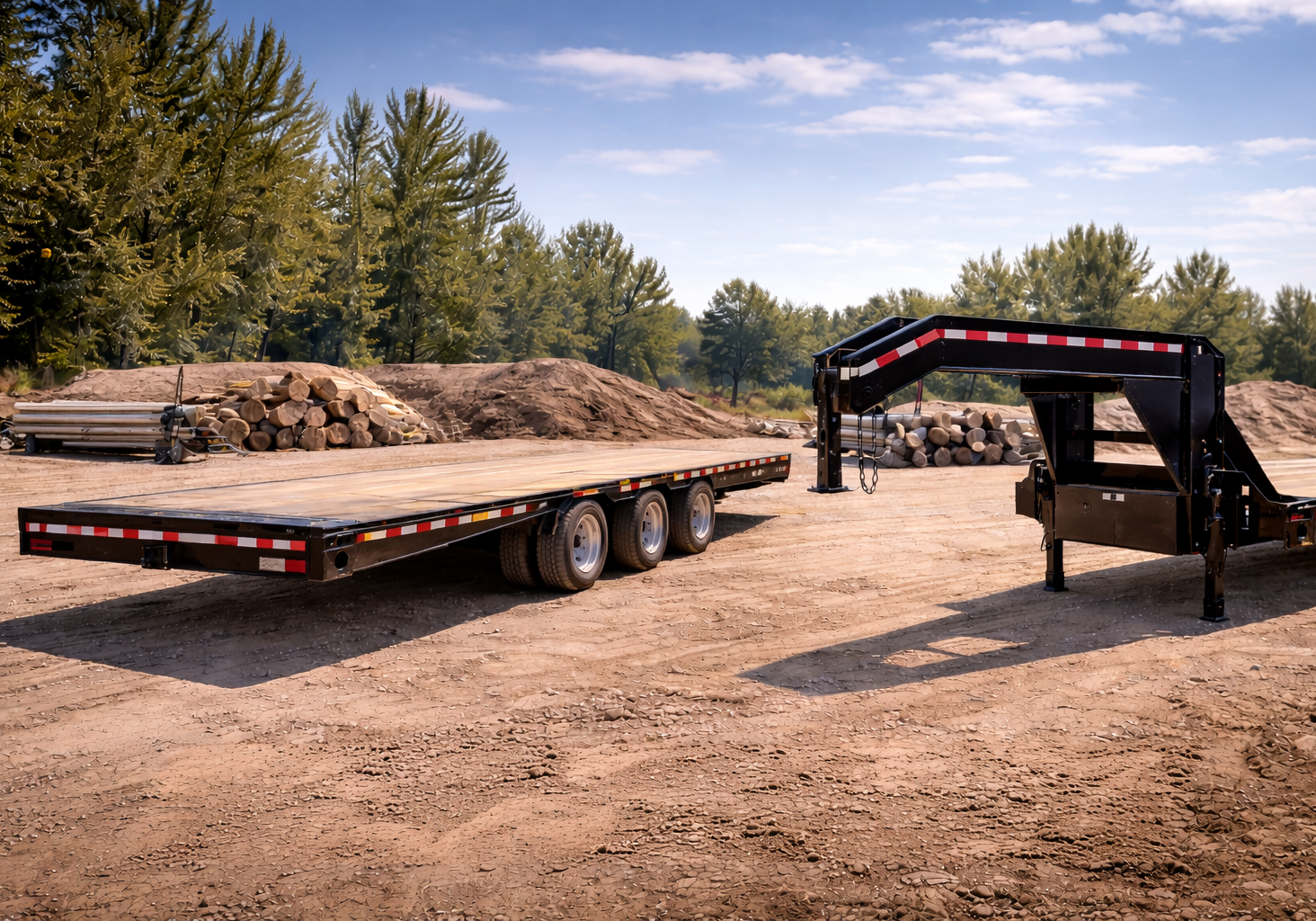 A flatbed trailer and a gooseneck trailer